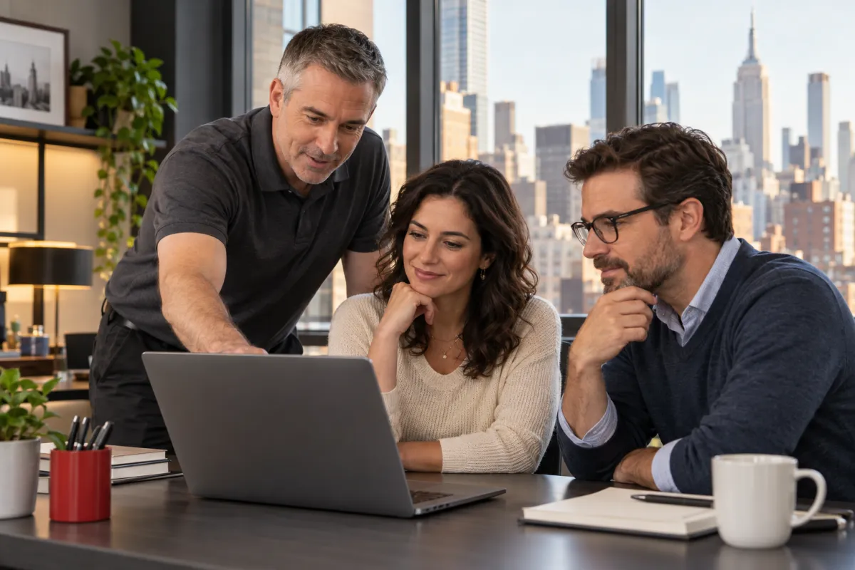 A GEEK-AID technician reviewing a laptop setup with two colleagues in a Manhattan office